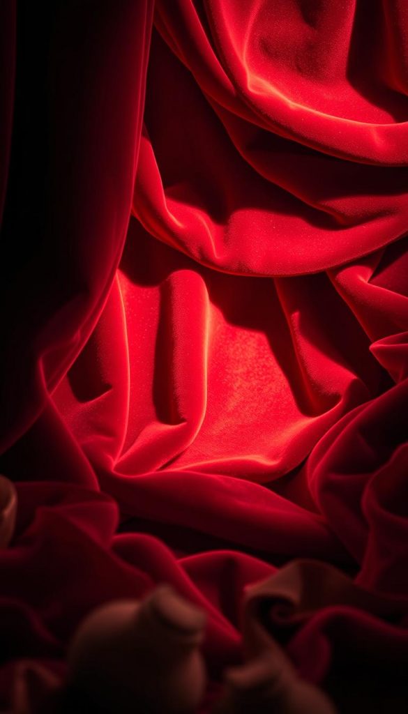 A luxurious velvet tableau bathed in the soft glow of warm, ambient lighting. Plush folds of rich, burgundy samt cascade across the frame, their texture and sheen captured in vivid detail. The fabric is complemented by accents of gleaming lurex and satin, creating an elegant, opulent composition. The scene has a cozy, inviting atmosphere, exuding the comforting winter vibes of a DIY-inspired KlickKiste editorial photoshoot. The overall aesthetic is authentically Pinterest-worthy, with a natural, inspirational quality.