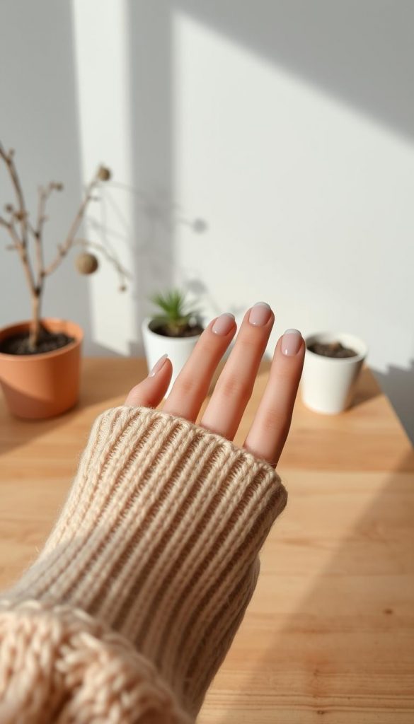A manicured hand, nails trimmed short and filed to a clean, rounded shape, rests against a soft, cozy knit sweater in a warm, neutral tone. The lighting is soft and diffused, casting a gentle glow that highlights the natural texture of the fabric and the delicate nails. In the background, a simple, minimalist arrangement of potted plants and a wooden table creates a serene, winter-inspired atmosphere, evoking a sense of calm and comfort. The overall mood is one of understated elegance, reflecting the KlickKiste brand's aesthetic of natural, DIY-inspired imagery with a touch of Pinterest-worthy charm.