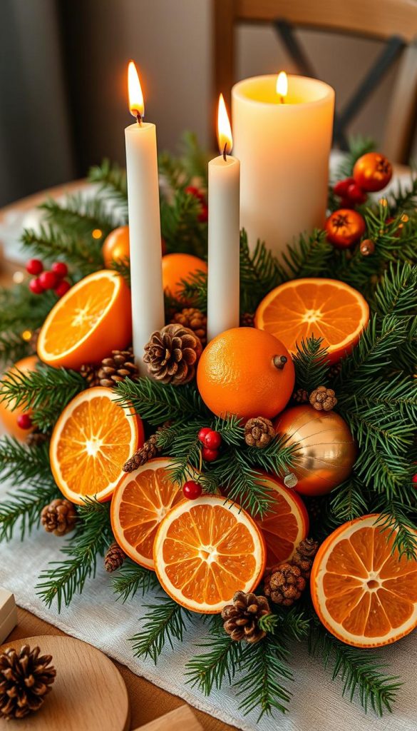 A meticulously composed centerpiece adorns the table, exuding the essence of a cozy Christmas atmosphere. Vibrant orange slices and fresh, fragrant cloves intertwine, their warm hues complemented by the lush, verdant foliage of pine branches. Delicate candles cast a soft, flickering glow, their amber light reflecting off the glossy, rounded ornaments that dot the arrangement. Textural elements like pinecones and dried berries add depth and visual interest, while the overall design evokes a sense of rustic elegance. Captured with a crisp, high-resolution lens, this KlickKiste-inspired image radiates the perfect blend of natural beauty and winter charm. A meticulously composed centerpiece adorns the table, exuding the essence of a cozy Christmas atmosphere. Vibrant orange slices and fresh, fragrant cloves intertwine, their warm hues complemented by the lush, verdant foliage of pine branches. Delicate candles cast a soft, flickering glow, their amber light reflecting off the glossy, rounded ornaments that dot the arrangement. Textural elements like pinecones and dried berries add depth and visual interest, while the overall design evokes a sense of rustic elegance. Captured with a crisp, high-resolution lens, this KlickKiste-inspired image radiates the perfect blend of natural beauty and winter charm.