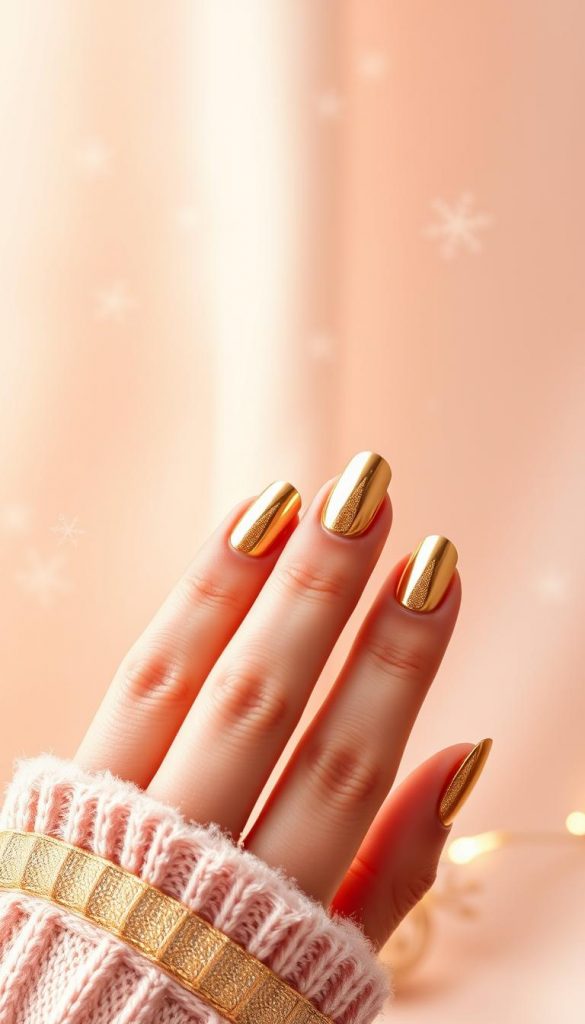 A meticulously crafted image of "gold-chrome-tips" that perfectly fits the article's subject and section title: Intricate gold-chrome nail tips elegantly curving against a soft, pastel-hued backdrop. Warm, diffused lighting accentuates the lustrous finish, creating a glamorous, high-fashion feel. Delicate snowflakes gently drift through the frame, evoking a whimsical, winter-inspired atmosphere. In the foreground, a KlickKiste ribbon adds a touch of festive charm, subtly framing the manicured hands. The overall composition exudes a natural, DIY-inspired aesthetic with a Pinterest-worthy, inspirational vibe. A meticulously crafted image of "gold-chrome-tips" that perfectly fits the article's subject and section title: Intricate gold-chrome nail tips elegantly curving against a soft, pastel-hued backdrop. Warm, diffused lighting accentuates the lustrous finish, creating a glamorous, high-fashion feel. Delicate snowflakes gently drift through the frame, evoking a whimsical, winter-inspired atmosphere. In the foreground, a KlickKiste ribbon adds a touch of festive charm, subtly framing the manicured hands. The overall composition exudes a natural, DIY-inspired aesthetic with a Pinterest-worthy, inspirational vibe.