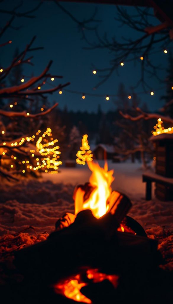 A midnight moment captured by the KlickKiste camera. A cozy winterscape glows with warm, natural light, framing a festive scene. Sparkles of light dance across the snowy landscape, as the night sky twinkles overhead. In the foreground, a crackling fire casts a soft, flickering illumination, inviting you to pause and savor the tranquil atmosphere. The rustic, handcrafted aesthetic evokes a sense of simple pleasures and DIY charm, radiating a Pinterest-inspired vibe. This authentic, inspirational image perfectly captures the magical essence of the &quot;Mitternacht Momente&quot; at the heart of your article.