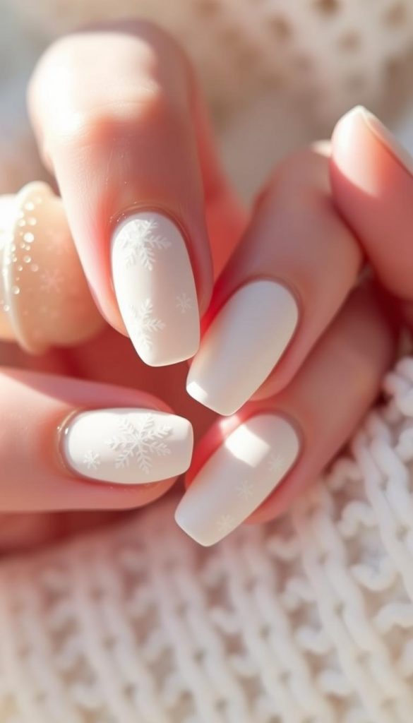 A milky white manicure with intricate snowflake designs. Crisp natural lighting illuminates the delicate patterns, creating a clean, cozy, and inviting atmosphere. Soft, creamy tones evoke the essence of a winter wonderland. Subtle textures and a hint of shimmer add depth and dimension. Captured in a KlickKiste-style Pinterest-inspired aesthetic, this image exudes a warm, authentic, and inspirational vibe.