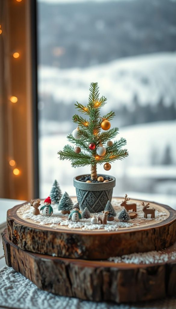 A miniature winter wonderland scene on a rustic wooden tablett, featuring a small potted evergreen tree adorned with delicate ornaments and twinkling lights. In the foreground, charming figurines of snowmen, reindeer, and other woodland creatures stand amidst a light dusting of snow. Soft, warm lighting casts a cozy glow, while the background is filled with a dreamy, hazy landscape of snowy hills and a distant pine forest. The overall composition has a natural, handcrafted aesthetic, with a touch of whimsy and Pinterest-worthy appeal.