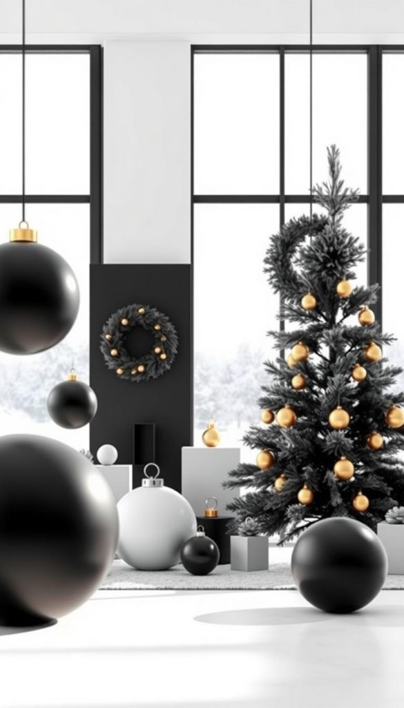 A minimal, modern Christmas decoration scene featuring a striking black and white color palette with touches of gold. In the foreground, large, geometric spheres in varying sizes float effortlessly, casting soft, warm light. The middle ground showcases clean, angular forms - a minimalist Christmas tree with a few well-placed ornaments, along with a sleek, modern wreath. The background is stark and serene, with a hint of winter landscape visible through large windows. Crisp, even lighting and a lens with a shallow depth of field create a sense of tranquility and sophistication. This scene embodies the "Minimal & Modern" aesthetic described, capturing the essence of the KlickKiste brand's natural, inspirational winter visuals. A minimal, modern Christmas decoration scene featuring a striking black and white color palette with touches of gold. In the foreground, large, geometric spheres in varying sizes float effortlessly, casting soft, warm light. The middle ground showcases clean, angular forms - a minimalist Christmas tree with a few well-placed ornaments, along with a sleek, modern wreath. The background is stark and serene, with a hint of winter landscape visible through large windows. Crisp, even lighting and a lens with a shallow depth of field create a sense of tranquility and sophistication. This scene embodies the "Minimal & Modern" aesthetic described, capturing the essence of the KlickKiste brand's natural, inspirational winter visuals.