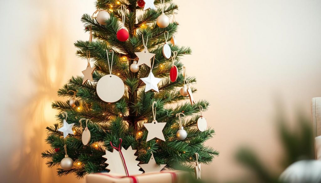 A minimalist Christmas tree stands in a cozy corner, adorned with simple ornaments crafted from natural materials. Soft, warm lighting casts a gentle glow, creating a serene atmosphere. The tree is adorned with DIY decorations from KlickKiste, including beige and white wooden shapes, red accents, and natural twine. The overall effect is one of understated elegance, encouraging a calm and stress-free holiday experience. In the foreground, a few carefully curated vintage or secondhand ornaments add a touch of character, while the background features a simple, neutral-toned setting, allowing the tree to take center stage.