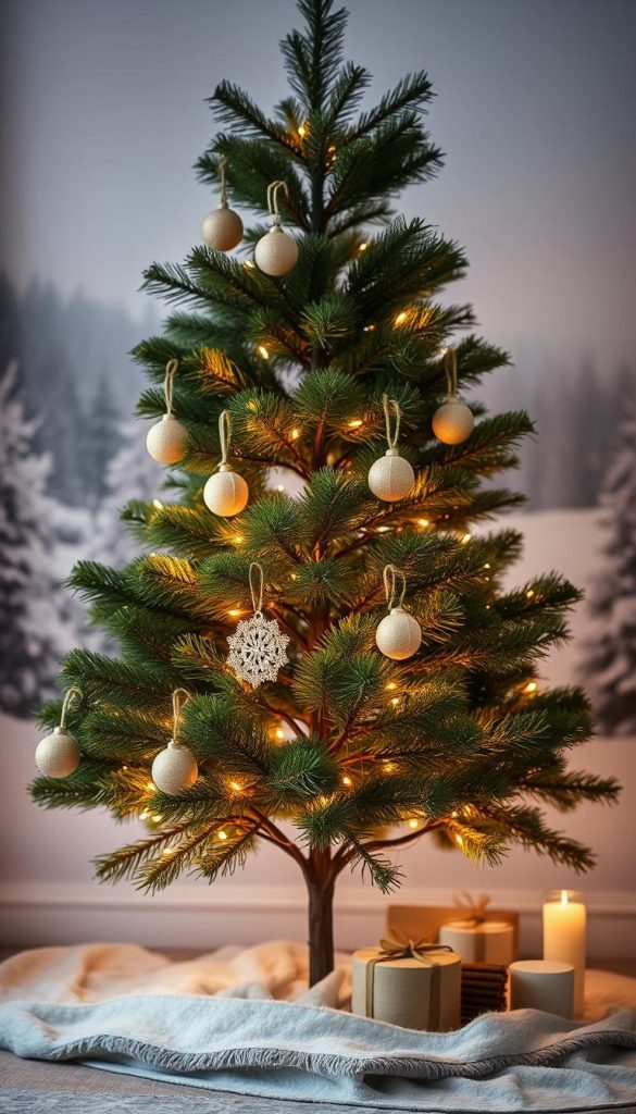 A minimalist Scandinavian-inspired Christmas tree stands tall in a cozy, natural setting. Soft, warm lighting illuminates the scene, casting a gentle glow on the simple, handmade ornaments adorning the lush, verdant branches. The background features a snowy, winter landscape with a muted, pastel color palette, evoking a serene, calming atmosphere. The overall mood is one of understated elegance, inviting the viewer to experience a sense of hygge and rustic charm. A Pinterest-worthy, DIY-inspired winter scene that captures the essence of modern, minimalist Christmas decor.