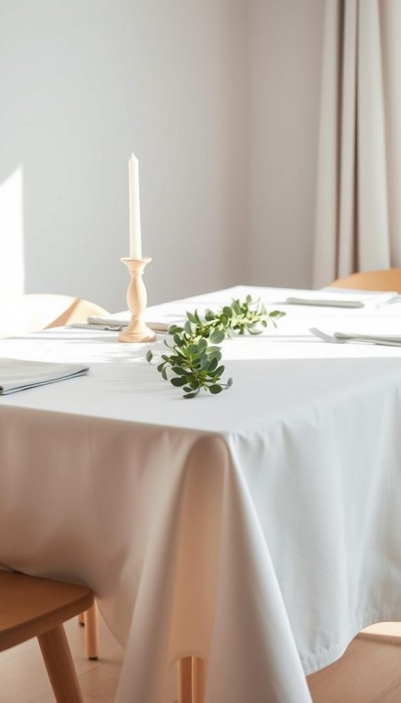 A minimalist Scandinavian-inspired dining table setting, bathed in soft, natural light. A simple white tablecloth, crisp and clean, with a sprinkling of fresh greenery - perhaps eucalyptus or pine - running down the center. Smooth, light-colored wooden elements, like candlesticks and a small vase, provide subtle textural contrast. Muted, earthy tones create a cozy, hygge-inspired ambiance. The scene exudes a sense of calm, uncluttered elegance - a perfect reflection of the "less is more" Scandinavian design philosophy. Capture this scene from a slightly elevated, angled perspective to showcase the beautifully balanced, harmonious composition.