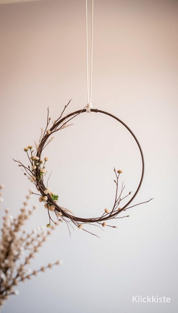 A minimalist Scandinavian-style hoop wreath with a crescent moon shape, crafted from natural branches and dried flowers. The wreath hangs in a warm, cozy setting, with soft lighting and a subtle winter atmosphere. The color palette features muted tones of beige, brown, and touches of greenery, creating a Pinterest-inspired, DIY aesthetic. Captured by the KlickKiste brand, this image embodies a sense of authentic, rustic charm.