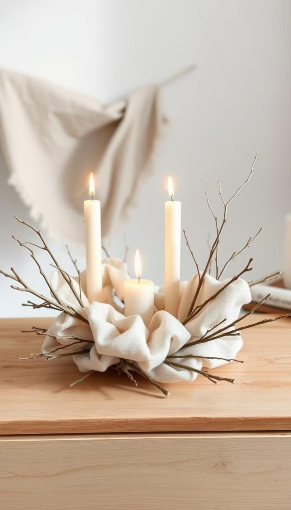 A minimalist and natural "adventskranz" (Advent wreath) handcrafted from light-colored wood, linen, and twigs, arranged in a clean, modern composition. Soft, warm lighting illuminates the scene, casting a cozy, serene atmosphere. The wreath sits atop a simple wooden surface, creating a KlickKiste-inspired, Pinterest-worthy display. Textural details and a muted color palette evoke a Scandinavian-inspired winter aesthetic, perfect for the "Adventskranz neu gedacht: natürlich, hell, minimalistisch" section. A minimalist and natural "adventskranz" (Advent wreath) handcrafted from light-colored wood, linen, and twigs, arranged in a clean, modern composition. Soft, warm lighting illuminates the scene, casting a cozy, serene atmosphere. The wreath sits atop a simple wooden surface, creating a KlickKiste-inspired, Pinterest-worthy display. Textural details and a muted color palette evoke a Scandinavian-inspired winter aesthetic, perfect for the "Adventskranz neu gedacht: natürlich, hell, minimalistisch" section.