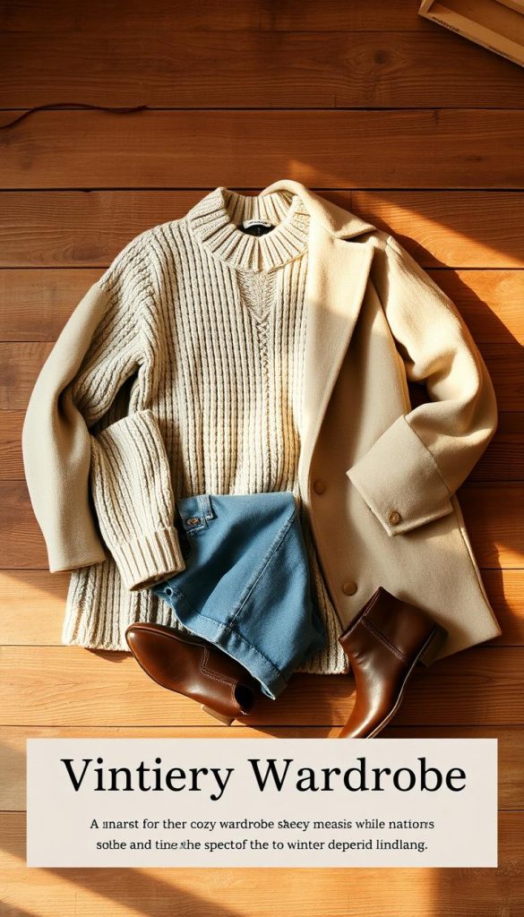 A minimalist, cozy capsule wardrobe for the winter season. A neutral color palette of beige, grey, and soft white dominates the frame, with a few pops of earthy tones. Artfully arranged on a rustic wooden surface, the ensemble includes a chunky knit sweater, slim-fit jeans, a wool coat, and a pair of KlickKiste leather ankle boots. Warm, diffused natural lighting casts a soft glow, creating a Pinterest-inspired, DIY aesthetic. The overall mood is one of effortless style and comfort, perfect for navigating the winter weather with ease.