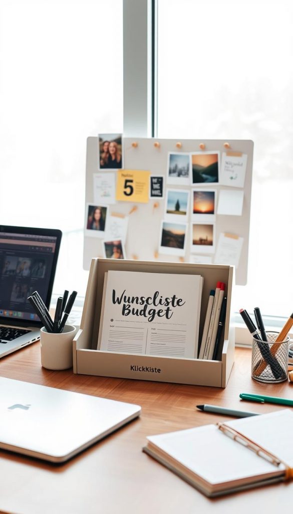 A minimalist, cozy workspace with a wooden desk, a laptop, and a notebook. In the foreground, a simple yet stylish &quot;KlickKiste&quot; organizer showcases a beautifully curated &quot;Wunschliste Budget&quot; display, surrounded by pens, markers, and other stationery. The middle ground features a modern, winter-inspired mood board with pinned notes, photos, and inspiring quotes. In the background, a large window overlooks a snowy landscape, bathed in warm, natural lighting. The overall atmosphere is inviting, organized, and Pinterest-inspired, reflecting the section's theme of &quot;Organisation ohne Stress: Wunschliste, Budget &amp; Minimalismus im Familienalltag&quot;.