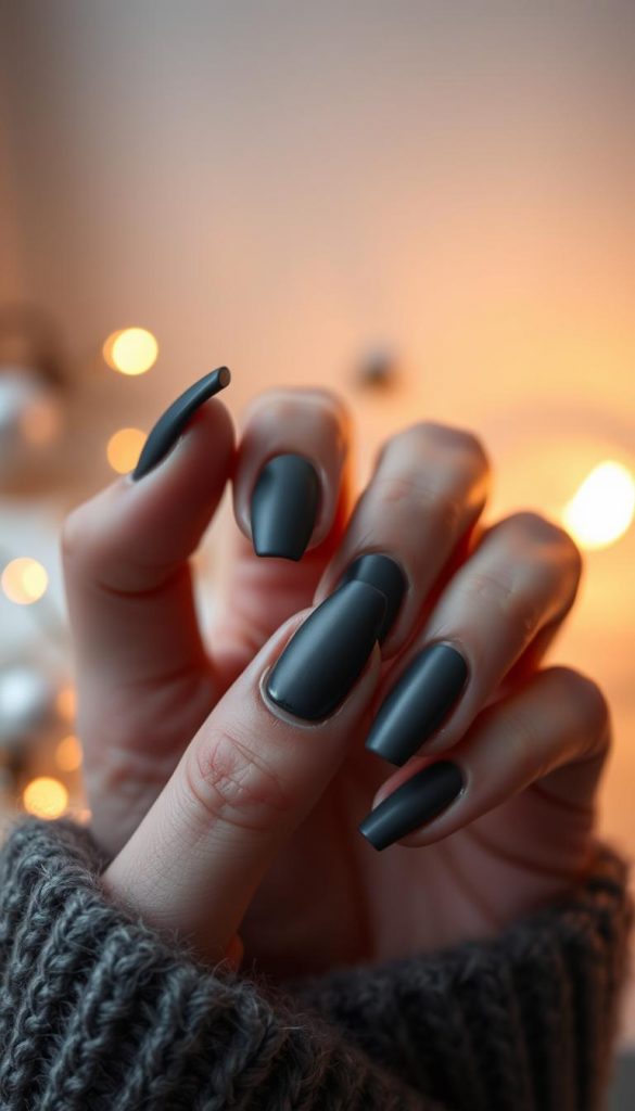 A minimalist, modern and mystical grey manicure set against a warm, cozy backdrop. Muted tones of charcoal and ash contrast with soft, glowing lighting, creating an atmospheric, winter-inspired scene. The nails feature a sleek, matte finish, with subtle variations in depth and texture for visual interest. Delicate, brushed metal accents add a touch of refinement, while the overall composition exudes a sense of understated elegance and quiet sophistication. A clean, uncluttered aesthetic evokes a serene, Pinterest-inspired ambiance.