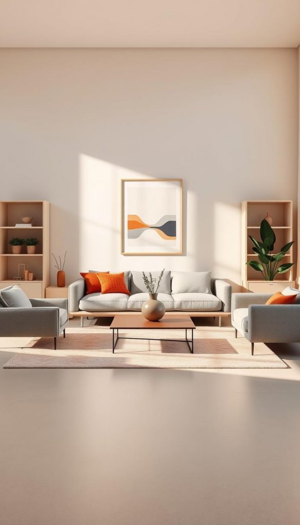 A minimalist, modern living room bathed in soft, warm lighting. Geometric forms in muted tones of cream, slate, and terracotta create a refined, harmonious composition. A large, rectangular area rug grounds the space, its subtle patterns echoing the clean-lined sofa and armchair. Streamlined shelving units flank a simply framed piece of abstract wall art, casting gentle shadows that add depth and dimension. Potted plants and a single, sculptural vase on the coffee table introduce natural, earthy accents. An atmosphere of understated elegance, where the focus is on the tranquil interplay of shape, texture, and hue.