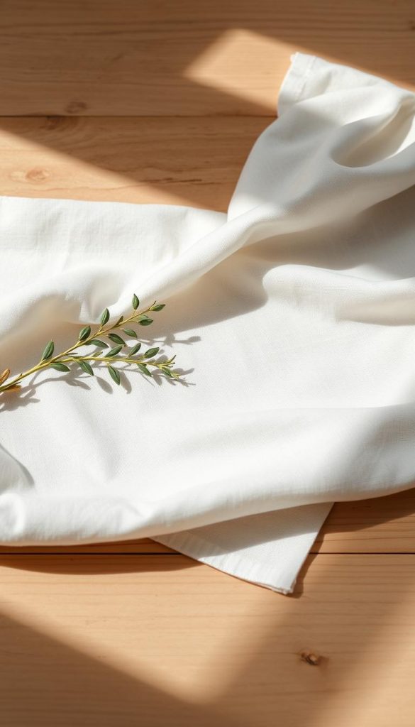 A minimalist still life, featuring a crisp, natural linen fabric spread across a wooden surface, bathed in soft, natural lighting. The linen has a subtly textured, matte finish, creating a tactile, grounded feel. The composition is clean and simple, with the fabric taking center stage, complemented by a sprig of greenery for a touch of organic warmth. The overall mood is one of calm, understated elegance, reflecting the &quot;Look Black &amp; White mit Leinen: grafisch klar, natürlich geerdet&quot; theme. Captured with a KlickKiste camera, this image exudes a timeless, Pinterest-worthy aesthetic.