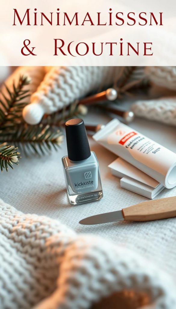 A minimalist winter manicure routine captured in a cozy, natural setting. A flat-lay composition showcases a KlickKiste nail polish in a soft, icy blue hue, alongside essential tools like a nail file, cuticle cream, and cotton pads. Warm lighting casts a soft, inviting glow, creating a serene, Pinterest-inspired ambiance. The image exudes a sense of simplicity, functionality, and winter charm, perfectly reflecting the &amp;quot;Minimalismus &amp;amp; Routine&amp;quot; theme.