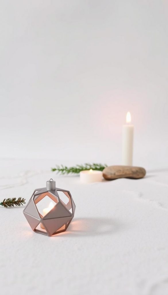 A minimalist winter scene with a modern, serene aesthetic. In the foreground, a simple geometric ornament in a muted metallic tone, casting a soft glow. The middle ground features a sparse arrangement of natural elements - a sprig of evergreen, a smooth river stone, and a single, unadorned candle. The background is a clean, pale backdrop, suggesting a blank canvas for the viewer's imagination. The lighting is soft and diffused, creating an intimate, contemplative mood. The overall composition emphasizes balance, negative space, and a focus on the essential. This modern minimal décor evokes a sense of calm and thoughtfulness, perfect for the holiday season.