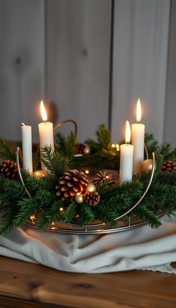 A minimalist yet cozy adventskranz made of sleek metallic hoops, adorned with lush evergreen foliage, pine cones, and warm golden accents. The arrangement casts a soft, ambient glow from the flickering candlelight, creating a serene and inviting atmosphere. Shot in a natural, rustic setting with a focus on textures and natural elements, evoking a sense of winter wonder. The final image has a Pinterest-inspired, KlickKiste aesthetic - authentic and inspirational.