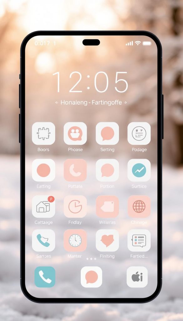 A minimalistic, warm-toned homescreen for the digital decluttering app &quot;KlickKiste&quot;. The screen features a grid of muted, pastel-colored app icons against a soft, blurred background of a snowy winter landscape. The icons are arranged in a visually balanced, decluttered layout, emphasizing simplicity and focus. Soft, natural lighting casts a gentle glow, creating a cozy, inviting atmosphere. The overall aesthetic is inspired by Scandinavian design and DIY-style photography, with a touch of Pinterest-inspired coziness. The screen conveys a sense of digital detox and mindfulness, encouraging the user to pause and prioritize their digital well-being.