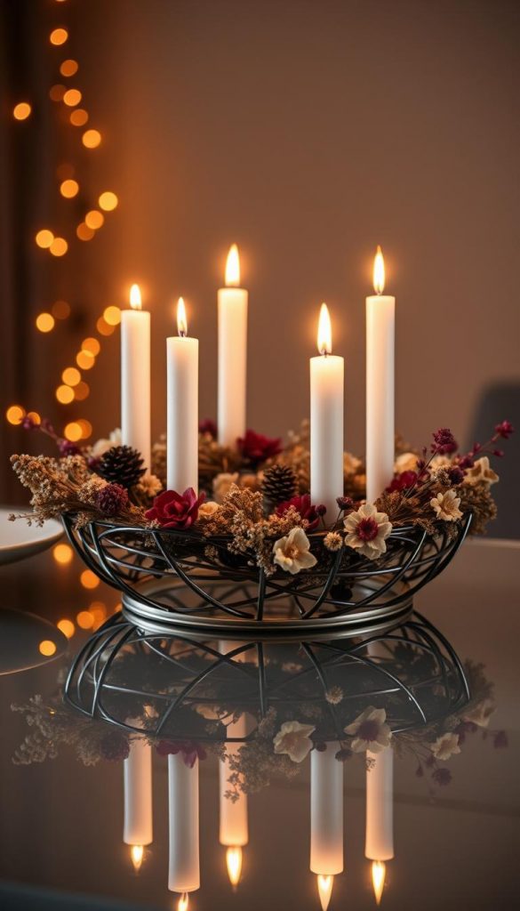 A modern, minimalist Advent wreath made of sleek metal, accented with dried flowers and a mix of tall and short candles. The wreath is positioned on a reflective surface, creating a mirror-like effect that adds depth and elegance. Warm, ambient lighting illuminates the scene, casting a cozy, winter-inspired ambiance. The overall aesthetic evokes a Pinterest-worthy, DIY-inspired look that aligns with the "KlickKiste" brand. A modern, minimalist Advent wreath made of sleek metal, accented with dried flowers and a mix of tall and short candles. The wreath is positioned on a reflective surface, creating a mirror-like effect that adds depth and elegance. Warm, ambient lighting illuminates the scene, casting a cozy, winter-inspired ambiance. The overall aesthetic evokes a Pinterest-worthy, DIY-inspired look that aligns with the "KlickKiste" brand.