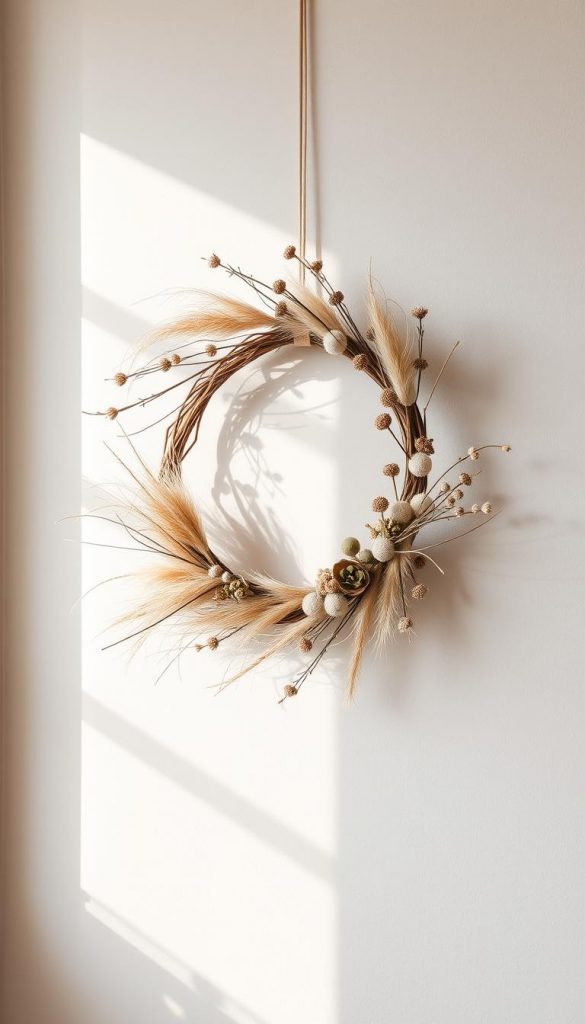 A modern, minimalist Kranz wreath hanging on a pale, textured wall. Crafted from natural materials like dried grasses, branches, and dried flowers in muted tones of beige, tan, and olive. Soft, diffused lighting from a window casts warm shadows, creating a cozy, inviting atmosphere. The wreath's simple, geometric shape and neutral palette evoke a serene, Scandinavian-inspired aesthetic. Convey a sense of understated elegance and organic, rustic charm, perfect for a Boho-inspired holiday decor. A modern, minimalist Kranz wreath hanging on a pale, textured wall. Crafted from natural materials like dried grasses, branches, and dried flowers in muted tones of beige, tan, and olive. Soft, diffused lighting from a window casts warm shadows, creating a cozy, inviting atmosphere. The wreath's simple, geometric shape and neutral palette evoke a serene, Scandinavian-inspired aesthetic. Convey a sense of understated elegance and organic, rustic charm, perfect for a Boho-inspired holiday decor.