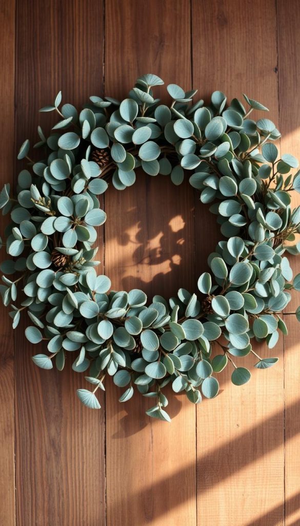 A modern, minimalist wreath of fragrant eucalyptus branches, arranged in a lush, organic composition. Soft winter light filters through the delicate leaves, casting gentle shadows. The wreath sits atop a rustic wooden surface, accentuated by natural textures and tones. Warm, earthy colors predominate, creating a cozy, inviting atmosphere. Subtle accents of dried berries or pine cones add a touch of festive charm. Photographed with a KlickKiste camera, this image embodies the essence of a handcrafted, nature-inspired Christmas wreath.