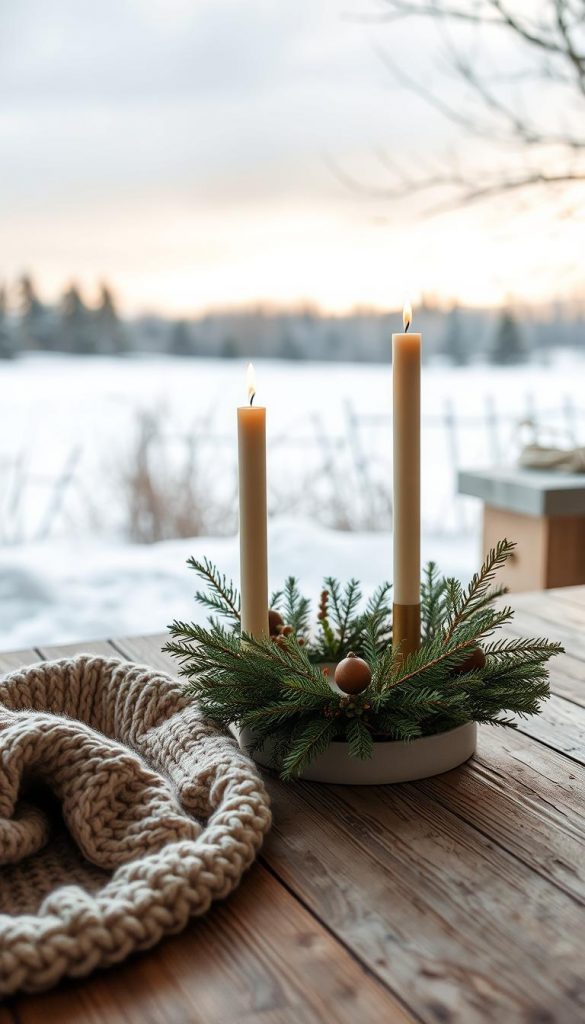 A modern, stylish adventskranz crafted from natural materials, captured in warm, earthy tones. A focal point in the foreground, the wreath features a clean, minimalist design with delicate sprigs of evergreen and a subtle golden accent. The middle ground showcases cozy winter textures, like knitted throws and weathered wooden surfaces. In the background, a serene, snowy landscape sets the mood, with soft, diffused lighting casting a warm, inviting glow. The overall composition exudes a sense of rustic elegance and Scandinavian-inspired simplicity, perfect for an authentic, Pinterest-worthy winter scene.