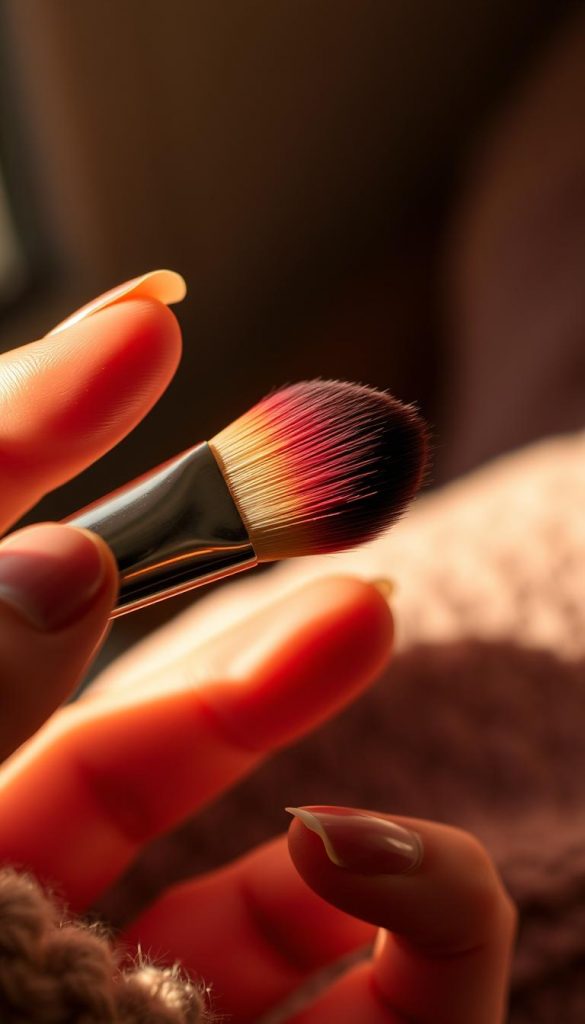 A moody, cozy close-up of an artist's hand skillfully applying ombré techniques to a soft, sponge-like makeup brush. The brush bristles gradually transition from a rich, dark burgundy to a soft, warm beige, mirroring the autumnal palette. Warm, natural lighting illuminates the scene, casting gentle shadows and highlighting the delicate brushstrokes. The composition emphasizes the artistry and care involved in creating a simple yet striking DIY nail design, embodying the cozy, inviting vibes of the upcoming winter season.