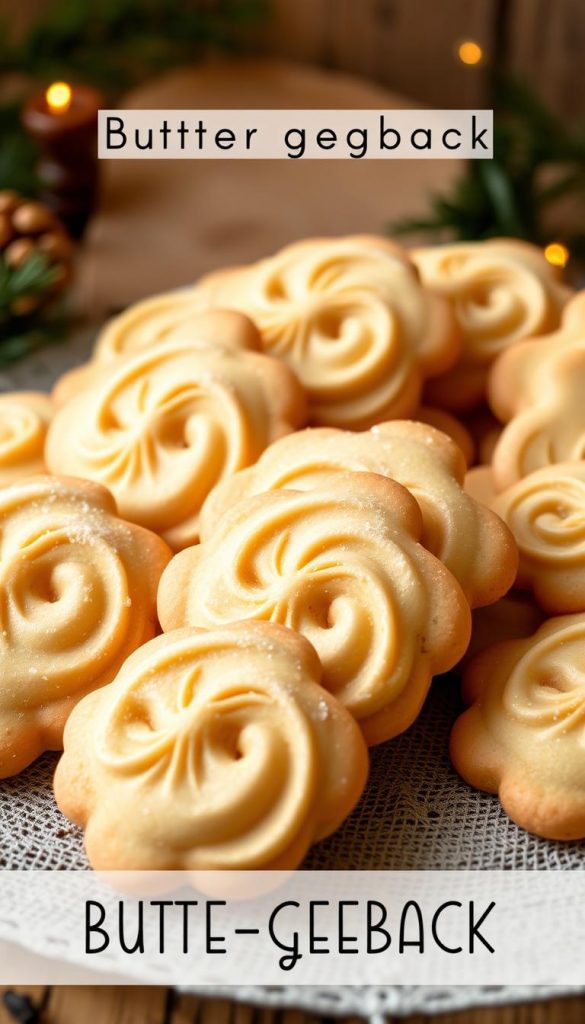 A mouth-watering display of buttery, delicate spritzgebäck cookies, freshly baked and radiating a warm, inviting glow. The intricate swirls and elegant shapes create a visually captivating arrangement, set against a cozy, rustic backdrop of natural wooden textures and a hint of seasonal greenery. Soft, diffused lighting casts a golden hue, evoking a sense of homemade comfort and holiday cheer. The overall mood is warm, inviting, and perfectly captured in a Pinterest-inspired, DIY-style image that inspires the viewer to savor the classic flavors and explore the endless possibilities of cookie-making.