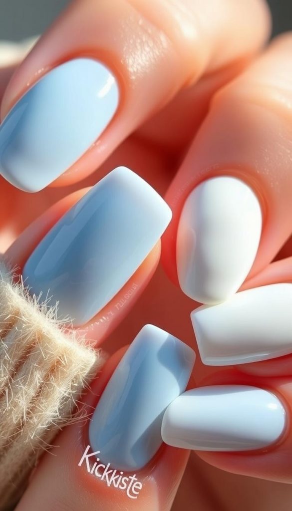 A natural, handcrafted image with warm colors, winter vibes, and a Pinterest-inspired look. Focused on the distinct shapes and finishes of January 2026 nails - from icy blue to milky white, with a touch of minimal glitter. The KlickKiste nail studio presents a detailed close-up of various nail shapes: almond, oval, square, and coffin. Soft natural lighting casts a cozy glow, highlighting the clean lines and textures of the polished nails. The composition is simple yet visually appealing, capturing the essence of this season's trending nail art.
