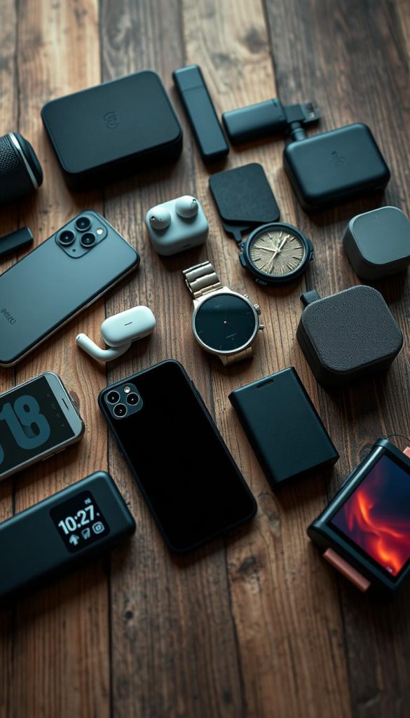 A neatly arranged collection of high-tech gadgets and devices on a rustic wooden surface, illuminated by soft, diffused lighting. Sleek and modern smartphones, wireless earbuds, a compact smartwatch, and a minimalist desk organizer sit alongside a retro-inspired digital clock and a visually striking power bank. The scene exudes a sense of warmth and coziness, with hints of natural textures and a muted color palette reminiscent of winter. The overall aesthetic is both practical and visually appealing, capturing the essence of tech-savvy gifts that would appeal to the modern, design-conscious man.