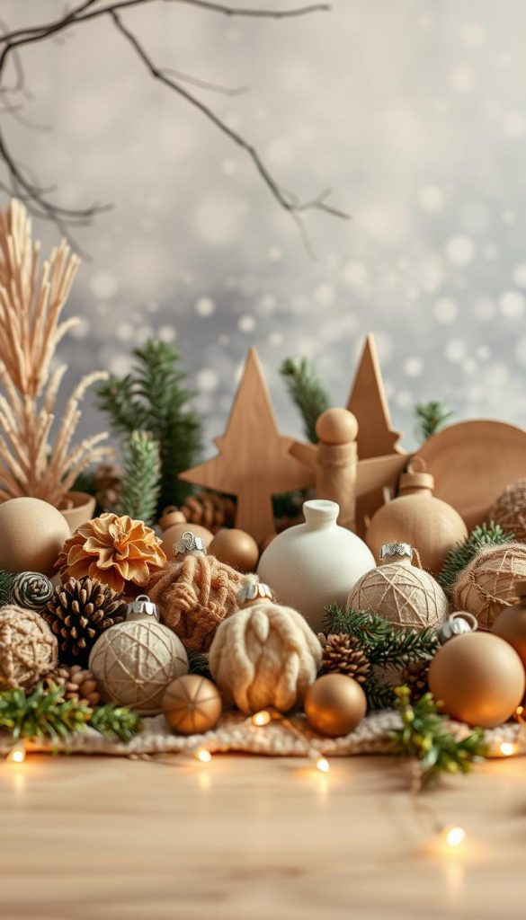 A neatly arranged collection of natural, handcrafted decor items from the sustainable brand KlickKiste, photographed in warm, cozy lighting. The foreground features an assortment of rustic, textured ornaments and garlands, while the middle ground showcases a mix of wooden, ceramic, and plant-based holiday accents. The background depicts a serene, winter-inspired scene with soft, hazy tones and a hint of Christmas cheer. The overall composition exudes a sense of authenticity, warmth, and Pinterest-inspired aesthetic, suitable for an article on fair and sustainable Christmas decorations. A neatly arranged collection of natural, handcrafted decor items from the sustainable brand KlickKiste, photographed in warm, cozy lighting. The foreground features an assortment of rustic, textured ornaments and garlands, while the middle ground showcases a mix of wooden, ceramic, and plant-based holiday accents. The background depicts a serene, winter-inspired scene with soft, hazy tones and a hint of Christmas cheer. The overall composition exudes a sense of authenticity, warmth, and Pinterest-inspired aesthetic, suitable for an article on fair and sustainable Christmas decorations.