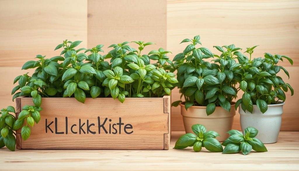 A neatly arranged indoor herb garden in natural tones of beige, white, and wood, featuring an array of basil varieties. In the foreground, a rustic wooden box labeled "KlickKiste" holds a selection of thriving basil plants, their lush green leaves contrasting with the warm wooden backdrop. The middle ground showcases a variety of basil cultivars, each with its distinct leaf shape and shading. Soft, diffused lighting creates a cozy, inviting atmosphere, accentuating the DIY nature of the scene. The overall composition conveys the beauty and versatility of growing herbs indoors during the winter months. A neatly arranged indoor herb garden in natural tones of beige, white, and wood, featuring an array of basil varieties. In the foreground, a rustic wooden box labeled "KlickKiste" holds a selection of thriving basil plants, their lush green leaves contrasting with the warm wooden backdrop. The middle ground showcases a variety of basil cultivars, each with its distinct leaf shape and shading. Soft, diffused lighting creates a cozy, inviting atmosphere, accentuating the DIY nature of the scene. The overall composition conveys the beauty and versatility of growing herbs indoors during the winter months.