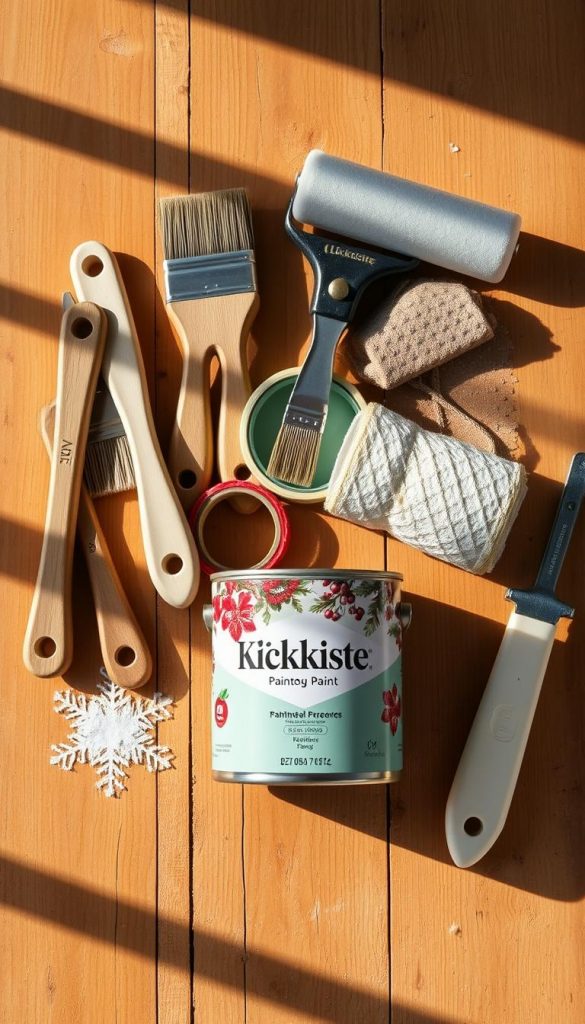 A neatly organized array of DIY painting materials and tools sits atop a rustic wooden surface, casting warm shadows in the soft, natural lighting. Paintbrushes, rollers, sandpaper, painter's tape, and a tin of the KlickKiste brand paint in a festive, winter-inspired hue take center stage. The arrangement conveys a cozy, homemade atmosphere, perfect for refreshing doors and trim in a celebratory space. The image has a Pinterest-inspired, handcrafted aesthetic, inviting the viewer to embark on their own painting project.