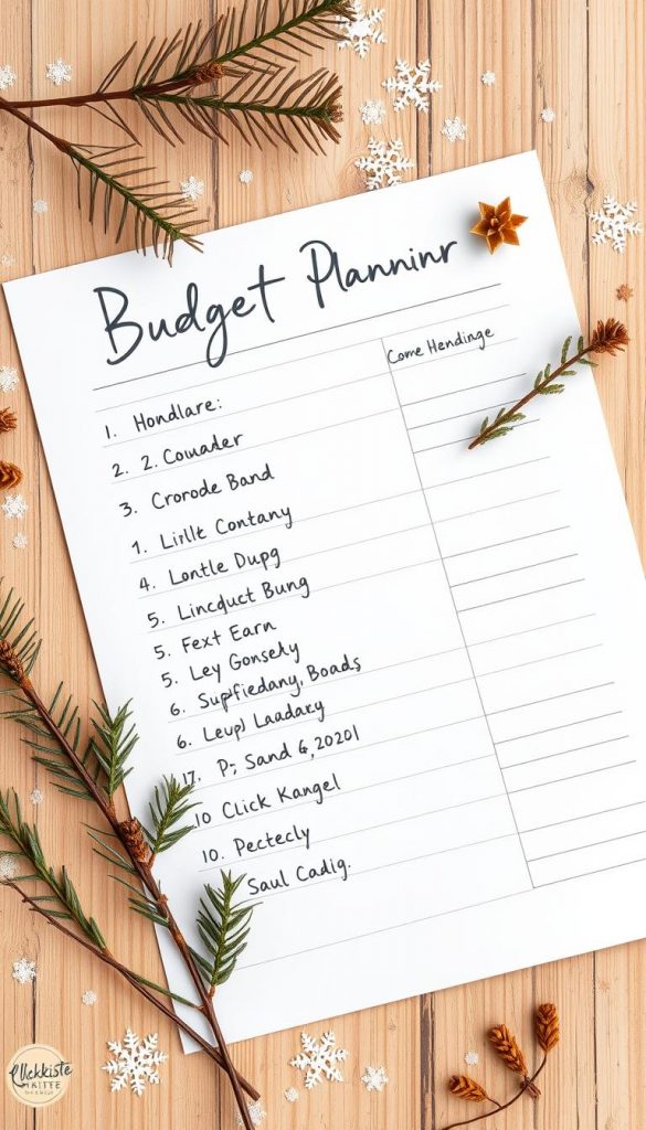 A neatly organized budget planning list, handwritten in a warm, natural color palette. The page is laid out with clean lines and sections, complemented by rustic, winter-inspired decorations - pine branches, scattered snowflakes, and a cozy KlickKiste logo in the corner. The overall mood is authentic, inviting, and Pinterest-inspired, creating a sense of organized productivity and DIY charm.