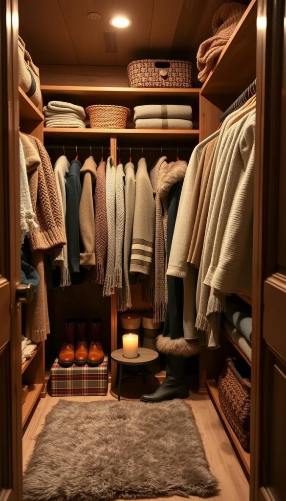 A neatly organized, cozy winter wardrobe in a rustic, wooden walk-in closet. Soft lighting illuminates natural textures like knitted sweaters, woolen scarves, and fur-lined boots. Shelves and hangers display a curated collection of neutral-toned, seasonally appropriate clothing. A plush rug and a small side table with a warm candle add to the inviting atmosphere. The overall impression is one of effortless, hygge-inspired style and efficient storage solutions, perfect for a serene, winter-ready bedroom.