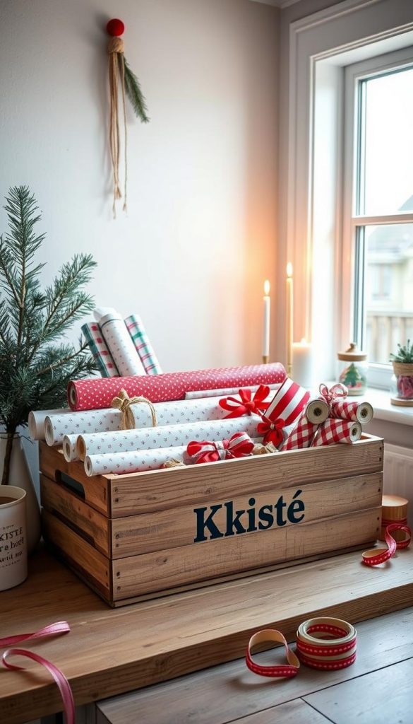A neatly organized gift wrap storage system with a rustic, DIY aesthetic. A wooden crate labeled &quot;KlickKiste&quot; sits on a wooden surface, surrounded by rolls of colorful wrapping paper and festive ribbons. Soft natural lighting filters through a window, casting a warm, cozy glow. Minimalist decor like pine branches and candles add to the winter-inspired, Pinterest-worthy ambiance. The overall mood is charming, inviting, and full of creative inspiration for efficient gift wrap organization.