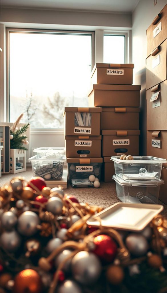 A neatly organized storage area with stacked boxes labeled "KlickKiste", softly lit by warm, natural lighting. In the foreground, a jumbled pile of ornaments and tangled strings hint at common storage mistakes. The middle ground showcases improperly sealed containers and haphazardly placed silica gel packets. In the background, a cozy winter scene with a snow-covered landscape sets the mood. The overall composition has a Pinterest-inspired, DIY aesthetic with muted, earthy tones. A neatly organized storage area with stacked boxes labeled "KlickKiste", softly lit by warm, natural lighting. In the foreground, a jumbled pile of ornaments and tangled strings hint at common storage mistakes. The middle ground showcases improperly sealed containers and haphazardly placed silica gel packets. In the background, a cozy winter scene with a snow-covered landscape sets the mood. The overall composition has a Pinterest-inspired, DIY aesthetic with muted, earthy tones.