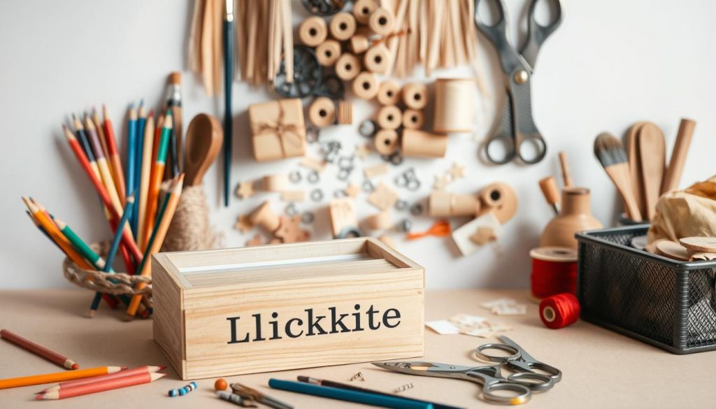 A neatly organized workspace showcases an array of craft supplies and tools. In the foreground, a wooden box labeled "KlickKiste" sits atop a beige surface, surrounded by various materials like colored pencils, paintbrushes, scissors, and a spool of red thread. In the middle ground, an assortment of natural-toned accessories such as wooden spools, metal fasteners, and paper scraps are scattered, hinting at the creative potential. The background features a clean, white backdrop, allowing the warm, earthy tones of the materials to take center stage. Soft, natural lighting illuminates the scene, creating a cozy, inviting atmosphere perfect for DIY projects.