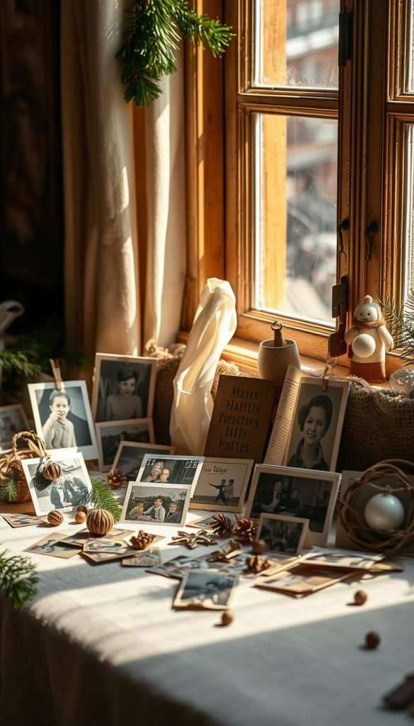 A nostalgic still life showcasing handcrafted paper photos and mementos. Warm natural lighting filters through a window, casting a cozy glow on the delicate, textured paper creations. Candid snapshots, vintage-inspired trimmings, and a sprinkling of evergreen sprigs create a rustic, heartfelt display. The scene conveys a sense of cherished memories and homemade, sustainable craftsmanship, capturing the essence of personal, handmade gifts.