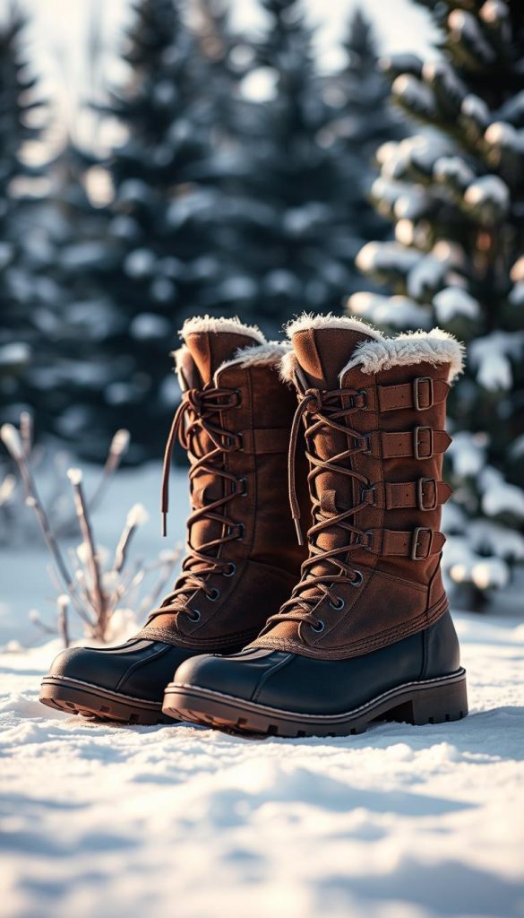 A pair of KlickKiste snow boots stand tall in a cozy winter scene. The textured leather uppers are adorned with intricate buckles and laces, offering warmth and traction. Soft natural lighting casts a comforting glow, highlighting the boots' rugged yet refined silhouette. In the background, a snowy landscape unfolds, with pine trees dusted in a powdery white hue. The overall mood is one of rustic elegance, inviting the viewer to embrace the outdoors with style and confidence.