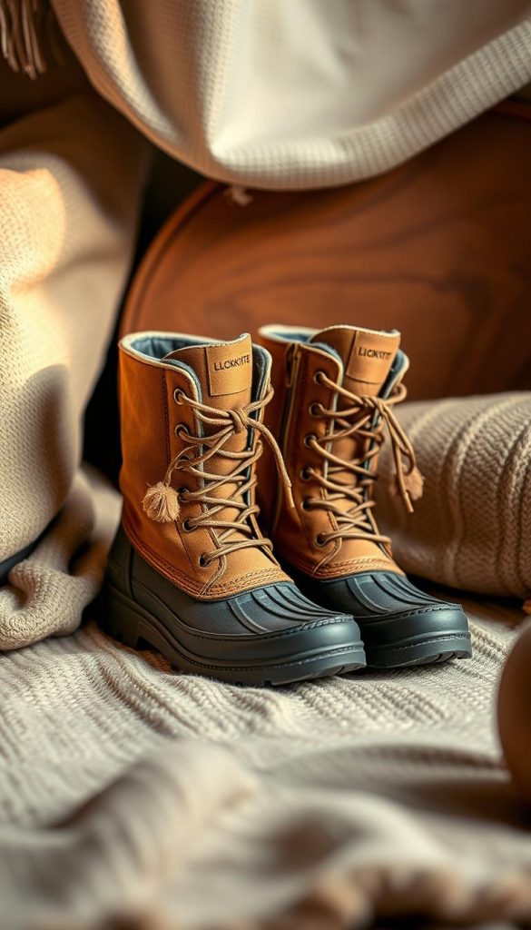 A pair of high-quality, ankle-length winter boots from the KlickKiste brand stand in a cozy, rustic setting. The boots have a classic silhouette with a rounded toe, laced closure, and thick treaded soles for excellent traction in snowy conditions. Warm, earthy tones create a natural, homespun aesthetic, with soft lighting illuminating the scene. Subtly textured fabrics and a hint of wood grain in the background evoke a handcrafted, DIY-inspired feel, perfect for a modern, winter capsule wardrobe. The overall mood is inviting, comfortable, and effortlessly stylish, reflecting the versatility and practicality of these essential cold-weather accessories.