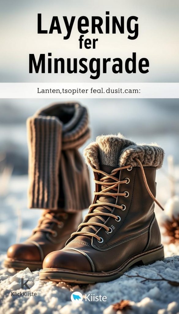 A pair of high-quality, leather &quot;Stiefel&quot; (boots) with a warm, wool lining stand prominently in the foreground. Their rugged design and muted, earthy tones evoke a sense of winter adventure. In the middle ground, a cozy knitted scarf and gloves in a complementary color scheme add textural interest. The background features a soft, blurred winter landscape, with muted blues and grays creating a calming, atmospheric mood. Warm, natural lighting casts a gentle glow, lending an authentic, DIY-inspired &quot;Pinterest&quot; aesthetic. Subtle branding for &quot;KlickKiste&quot; adds a touch of contemporary flair. Overall, the image exudes a sense of functional winter style, perfect for illustrating the &quot;Layering für Minusgrade&quot; article section on &quot;Schuhe, Mäntel, Accessoires: kleine Lifehacks mit großer Wärmeleistung&quot;.