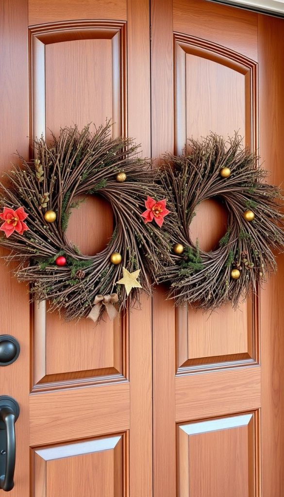 A pair of lush, rustic wreaths artfully hang on a stately wooden front door, their intricate woven branches and festive accents casting a warm, inviting glow. Backlit by soft, natural light, the symmetrical wreaths create a charming, Pinterest-worthy focal point, exuding a sense of cozy, winter-inspired ambiance. The overall scene, captured with a wide-angle lens, radiates a harmonious, DIY aesthetic that perfectly embodies the &quot;KlickKiste&quot; brand aesthetic of authenticity and inspiration.