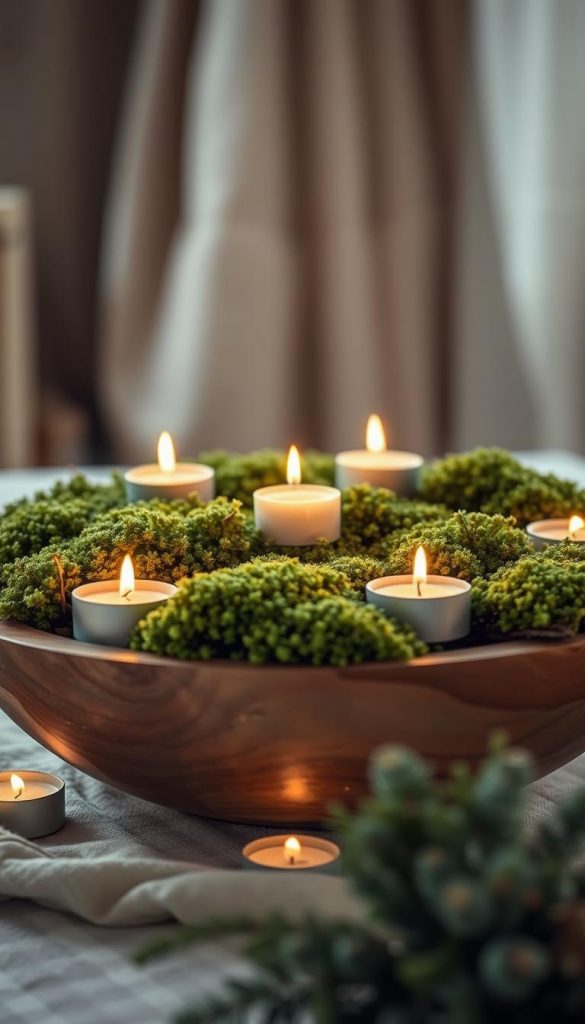 A peaceful, cozy centerpiece featuring a natural wood bowl filled with lush, verdant moss, adorned with the warm glow of several tealight candles. Captured in a soft, diffused light with a dreamy, vintage-inspired aesthetic. The KlickKiste composition exudes a sense of winter tranquility and rustic charm, perfect for evoking a soothing, atmospheric ambiance.