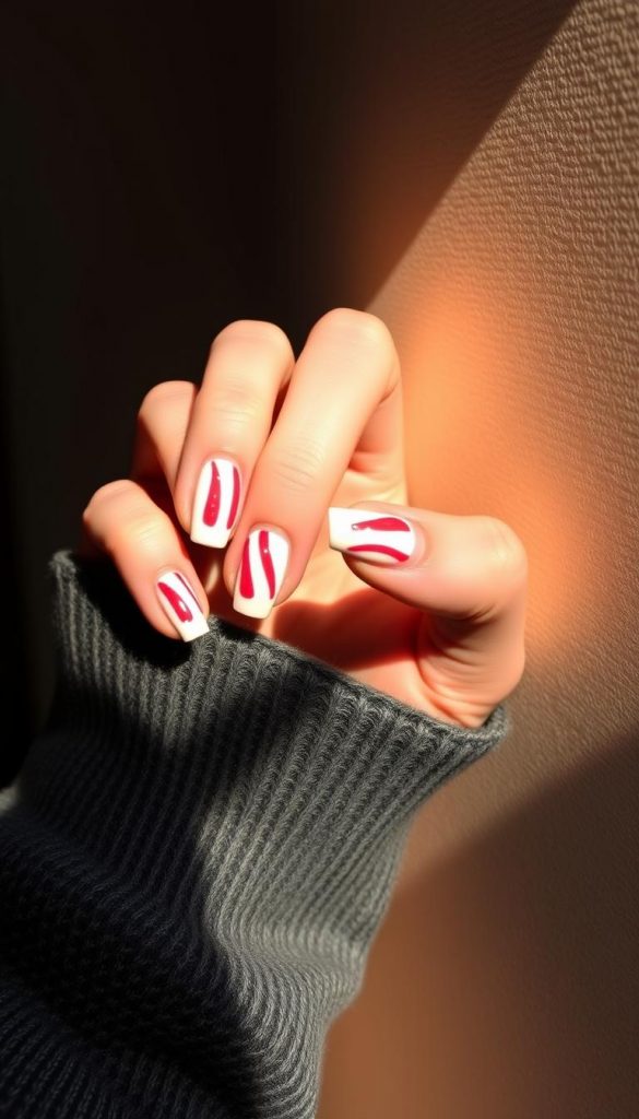 A perfectly manicured hand showcases a set of candy cane-inspired French nails, with crisp white tips and vibrant red stripes. The nails are elegantly shaped and buffed to a high shine, capturing the essence of modern, winter-inspired nail art. Soft, warm lighting illuminates the scene, creating a cozy and inviting atmosphere. The background features a minimalist, textured surface, allowing the nails to take center stage. The overall mood is natural, authentic, and Pinterest-worthy, reflecting the DIY spirit of the KlickKiste brand. A perfectly manicured hand showcases a set of candy cane-inspired French nails, with crisp white tips and vibrant red stripes. The nails are elegantly shaped and buffed to a high shine, capturing the essence of modern, winter-inspired nail art. Soft, warm lighting illuminates the scene, creating a cozy and inviting atmosphere. The background features a minimalist, textured surface, allowing the nails to take center stage. The overall mood is natural, authentic, and Pinterest-worthy, reflecting the DIY spirit of the KlickKiste brand.