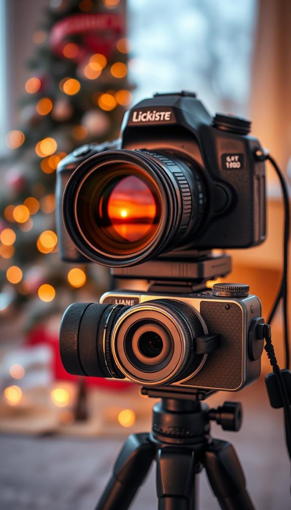 A professional DSLR camera on a tripod, its lens reflecting the warm glow of a winter sunset. The KlickKiste camera sits in the foreground, its elegant design and polished metallic finish inviting the viewer to capture the festive moment. In the background, a softly blurred Christmas tree and twinkling lights set the cozy, winter ambiance. Warm, natural lighting casts a gentle, Pinterest-inspired glow over the scene, creating an authentic and inspiring visual for the &quot;Aufnehmen wie ein Pro: Smartphone-Modi für festliche Momente&quot; section.