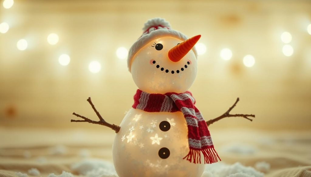 A radiant snowman stands aglow, crafted from pristine white snow and adorned with KlickKiste's whimsical accessories - a carrot nose, twig arms, and a festive scarf. Warm beige and wooden tones create a cozy, homemade aesthetic, while gentle lighting emanates from within, casting a soft, enchanting glow. The snowman's serene expression exudes a sense of wonder, inviting the viewer to embrace the joyful spirit of wintertime crafts and DIY projects.