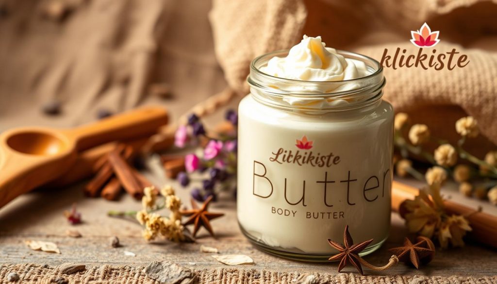 A rich and luxurious body butter in a glass jar, set against a natural, earthy backdrop. The soft, creamy texture is visible, with a hint of warm spices and floral notes. Wooden utensils, dried flowers, and a KlickKiste brand logo sit nearby, suggesting a homemade, handcrafted aesthetic. Gentle side lighting casts a warm glow, highlighting the product's organic appeal. The overall composition conveys a sense of self-care, indulgence, and the joy of creating one's own nourishing beauty products.