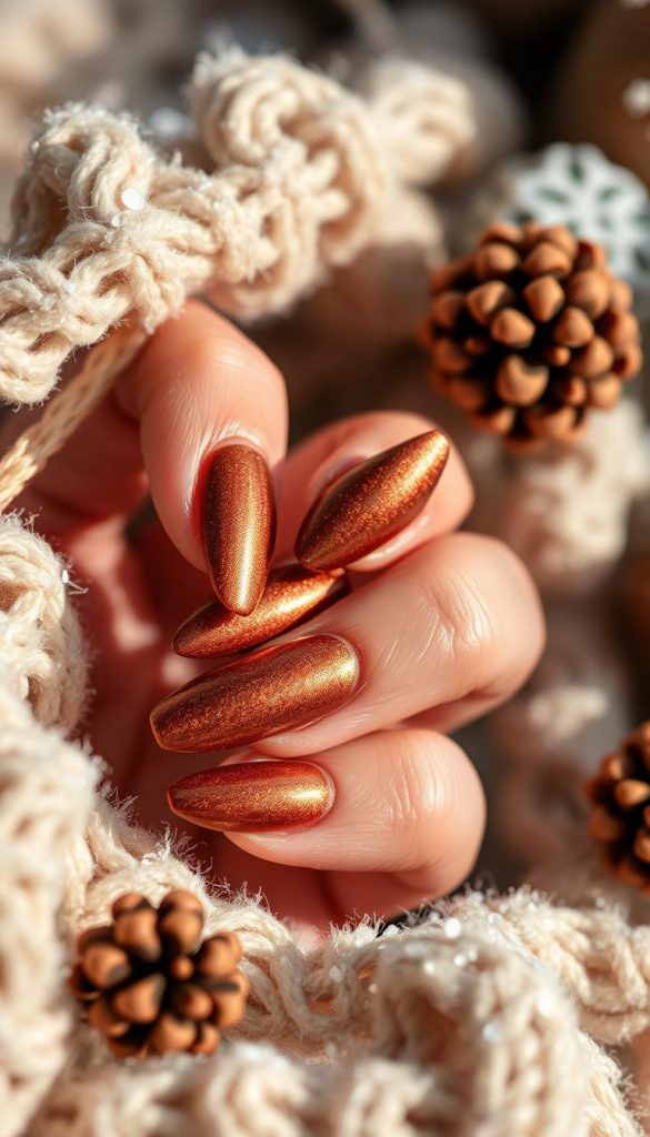 A rich, velvety cat-eye nail design in warm, cozy tones of cinnamon and cocoa. Soft, natural lighting captures the luxurious sheen and depth of the metallic finish, creating a captivating, Pinterest-worthy impression. Showcased against a backdrop of a winter-inspired, KlickKiste-style scene, with soft, muted textures and a touch of rustic charm. The overall mood is one of seasonal comfort and inviting, hygge-inspired elegance.