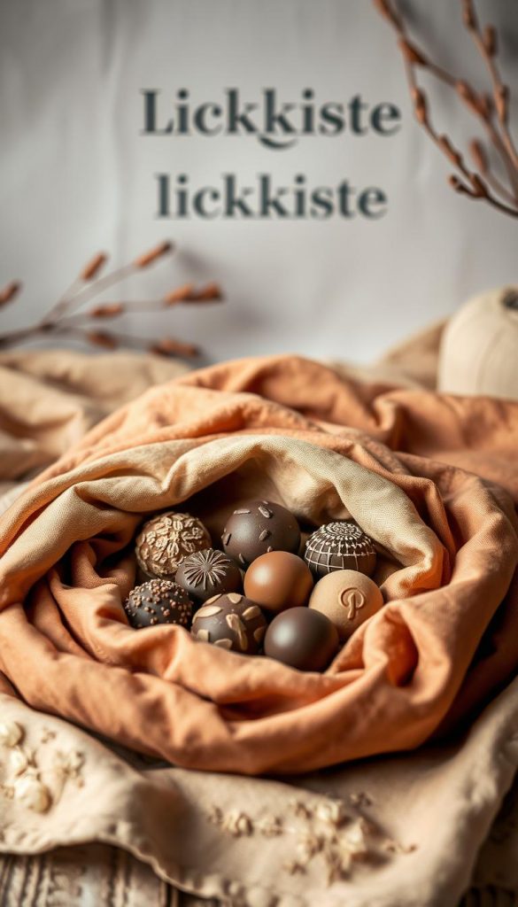 A round furoshiki wrap made of soft, natural fabric in earthy tones. The fabric drapes gracefully, its folds and creases capturing the essence of a cozy, winter-inspired scene. A collection of artisanal pralines and chocolate truffles is nestled in the center, their rich hues complementing the warm tones of the furoshiki. The lighting is soft and diffused, creating a inviting, Pinterest-inspired aesthetic. In the background, a minimalist, KlickKiste-branded backdrop adds a touch of rustic elegance to the composition. A round furoshiki wrap made of soft, natural fabric in earthy tones. The fabric drapes gracefully, its folds and creases capturing the essence of a cozy, winter-inspired scene. A collection of artisanal pralines and chocolate truffles is nestled in the center, their rich hues complementing the warm tones of the furoshiki. The lighting is soft and diffused, creating a inviting, Pinterest-inspired aesthetic. In the background, a minimalist, KlickKiste-branded backdrop adds a touch of rustic elegance to the composition.